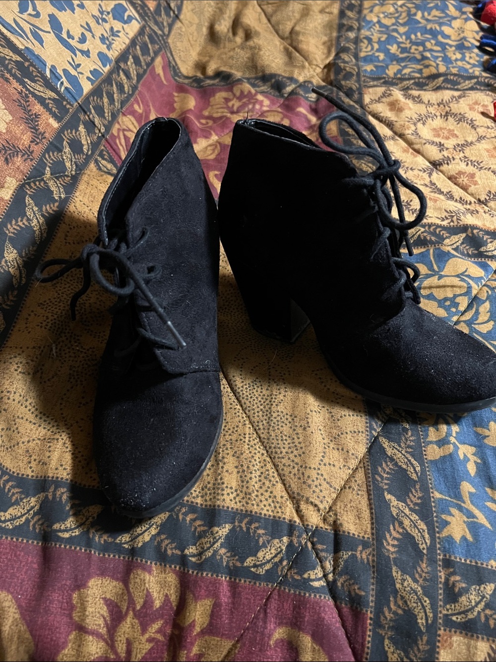 Black Lace-Up Suede Ankle Booties - Women's